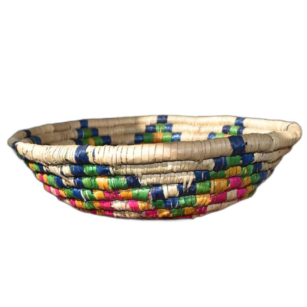 Woven Coil Basket Bowl 13” Round Multicolor Natural Fiber Boho Decor